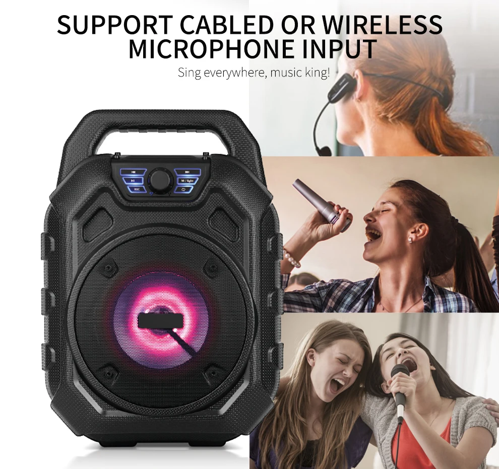 New Outdoor Portable Waterproof Subwoofer Karaoke BT Speakers, Colorful LED With Super Bass