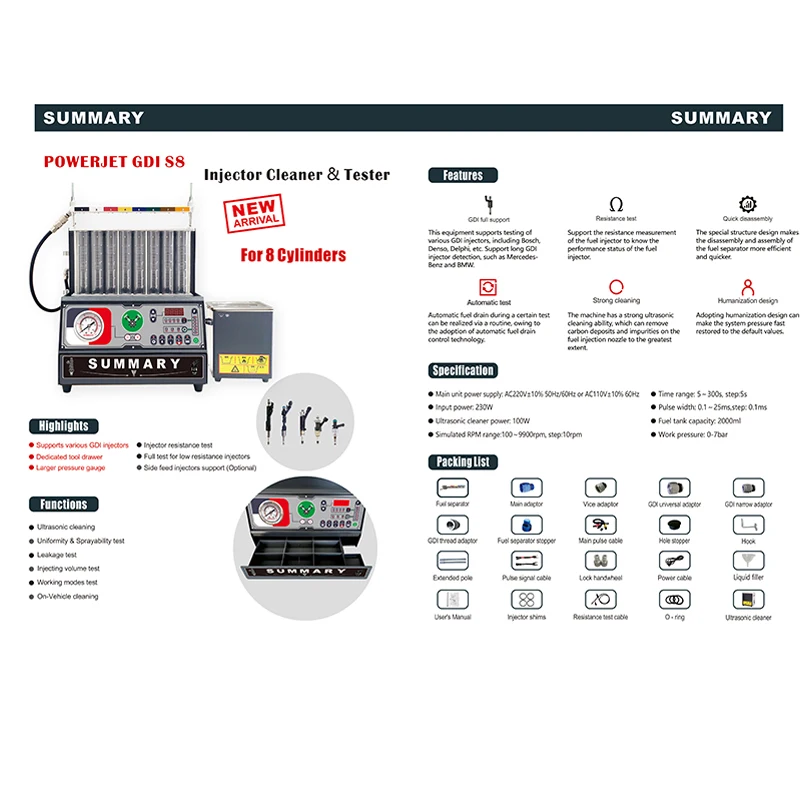 Summary 8 cylinders GDI Ultrasonic Fuel Injector Tester Cleaning Cleaner Machine