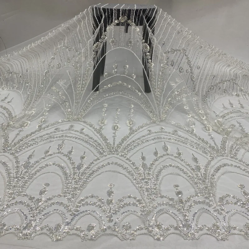 Wholesale Beaded Sequin White Tulle Embroidery Polyester 3D Lace Fabric Pearls for Bridal Wedding