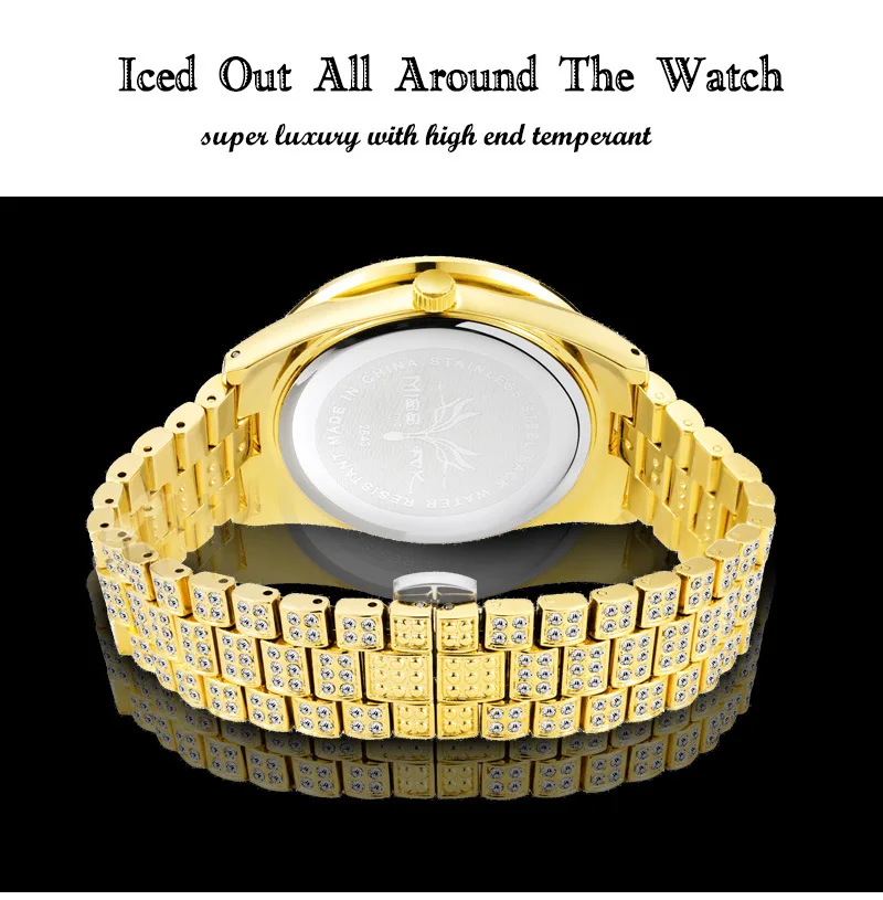 MISSFOX 2643 New  Watch For Men Luxury Full Diamond Silver Quartz Wristwatch Hip Hop Iced Out Waterproof Watches