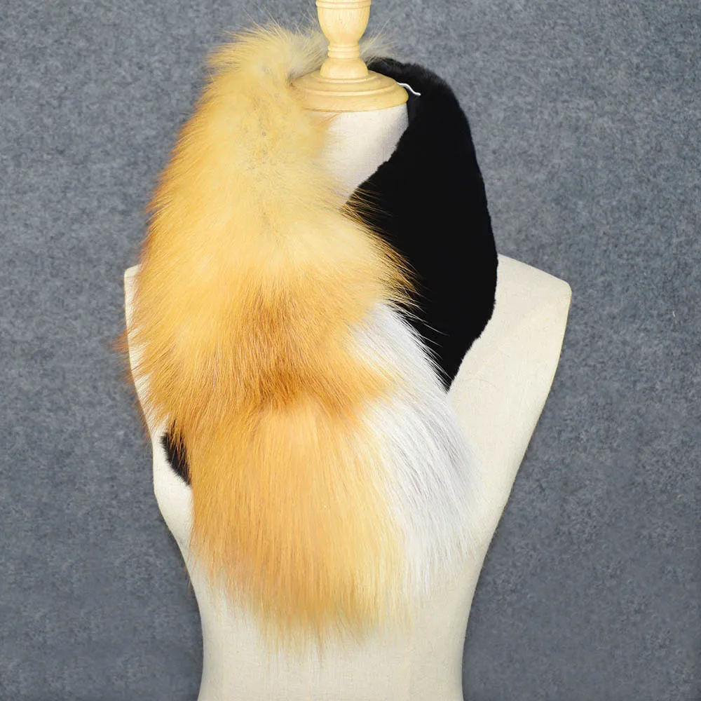 MWFur Winter Fashion Winter Fox Hair Scarf For Girl Fashion Fox Fur Scarf with Rex Rabbit Fur Woman Scarf