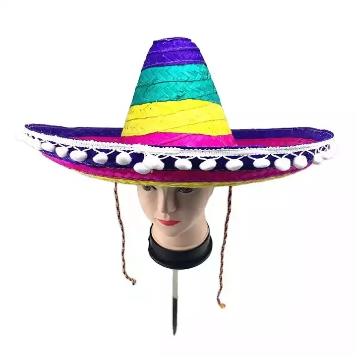 New Wide Brim Festival Hat Pompoms Straw Hat Mexican Sombrero Dance Party Straw Hats