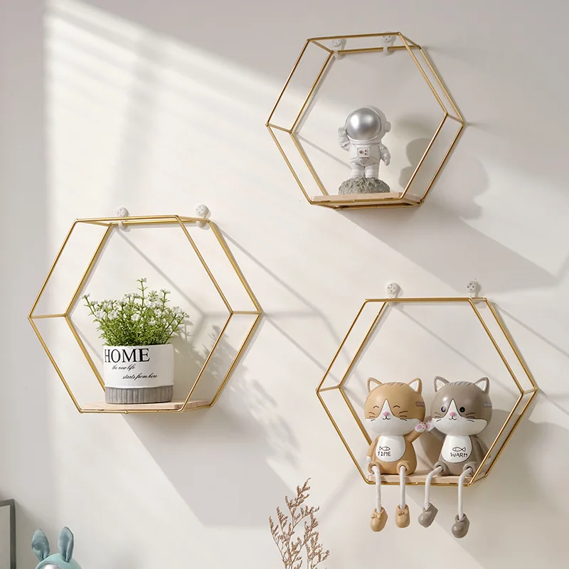 Nordic Home Decor Punch-Free Wall Hanging Shelf Flower Pot Holder Living Room Bedroom Decoration Wall Mounted Metal Storage Rack