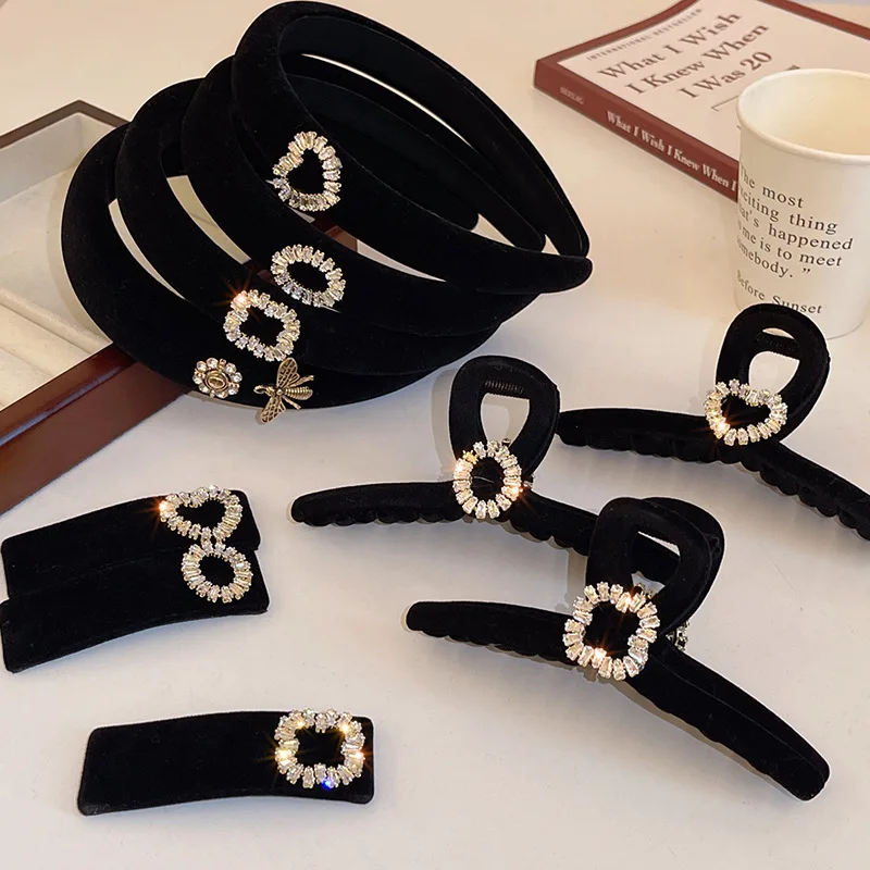 New Design Retro Black Velvet Focking Hair Claws With Diamond Metal Fashion Large Shark Clips