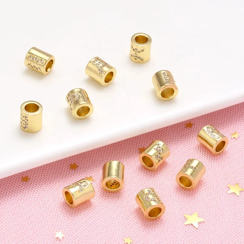 Wholesale gold plated custom zircon diamond zodiac sign cylinder spacers beads For DIY bracelet jewelry making