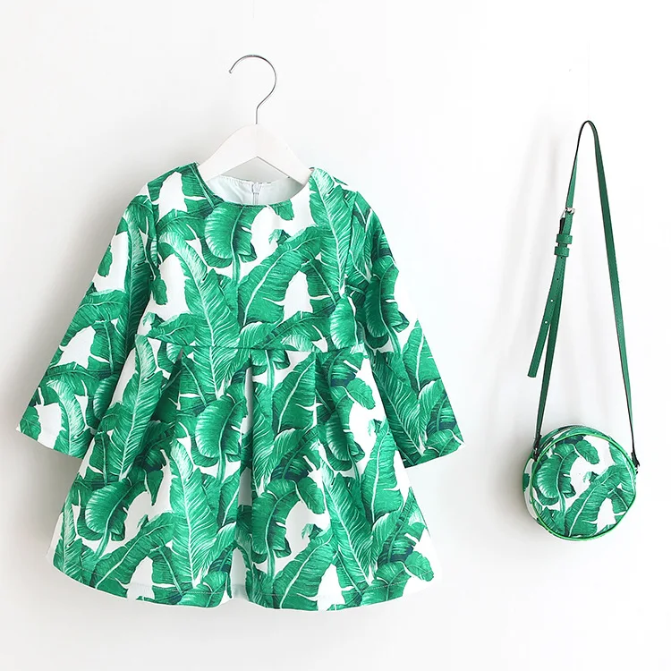 2021 New Kids Long Sleeve  Print Girl Dress  Summer Princess Skirt Imitation linen Fabric + Bag 2 piece One set For 2-7 year
