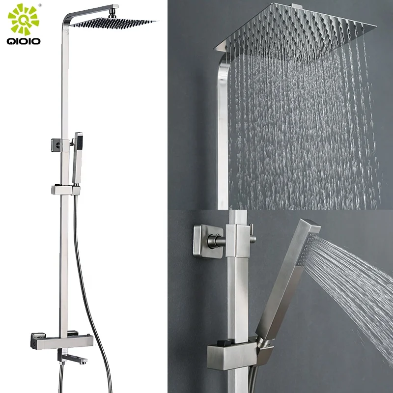 Lead free Kaiping factory Three function brushed black thermostatic hot and cold water mixer shower set rainfall column