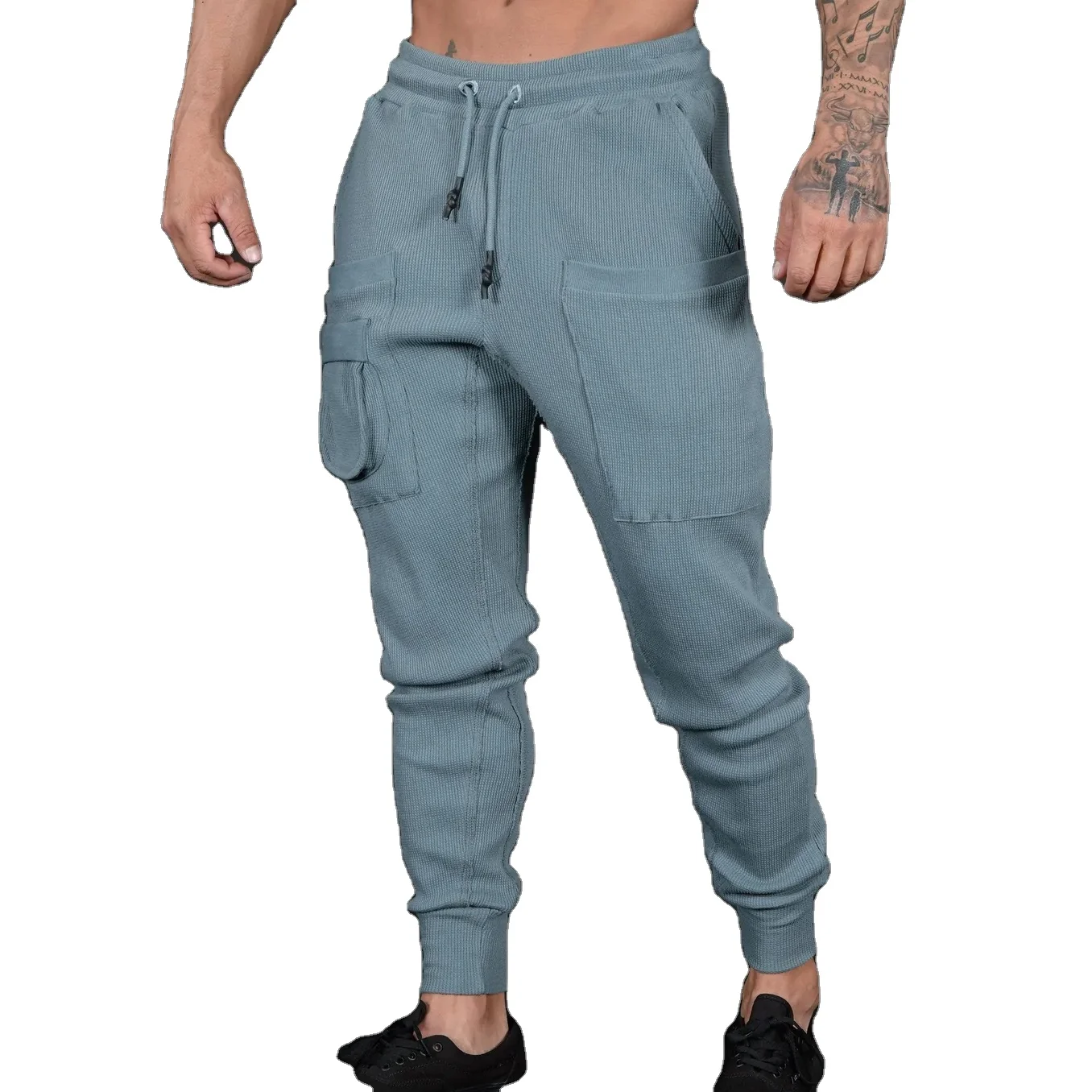 New arrival custom sport workout soft waffle fabric pants casual side pockets lounge sweatpants jogger for men