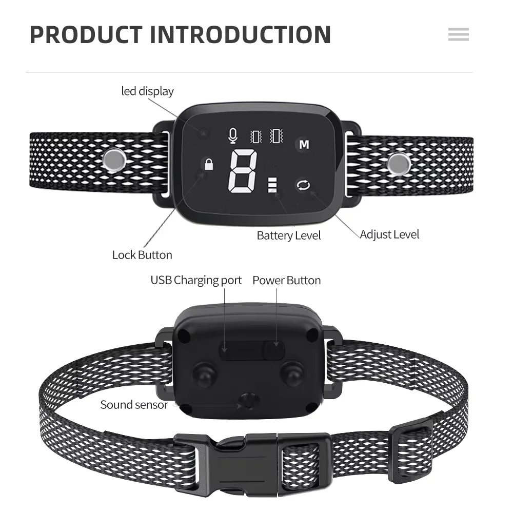 Customized display HD automatic anti-barking dog training collar Smart electric collar with sonic vibration adjustable collar