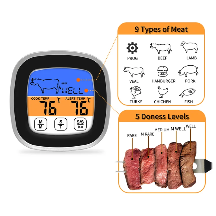 Digital Thermometer for Cooking Color Large LCD Digital Screen Food Meat  Thermometer Clock Timer with Probe