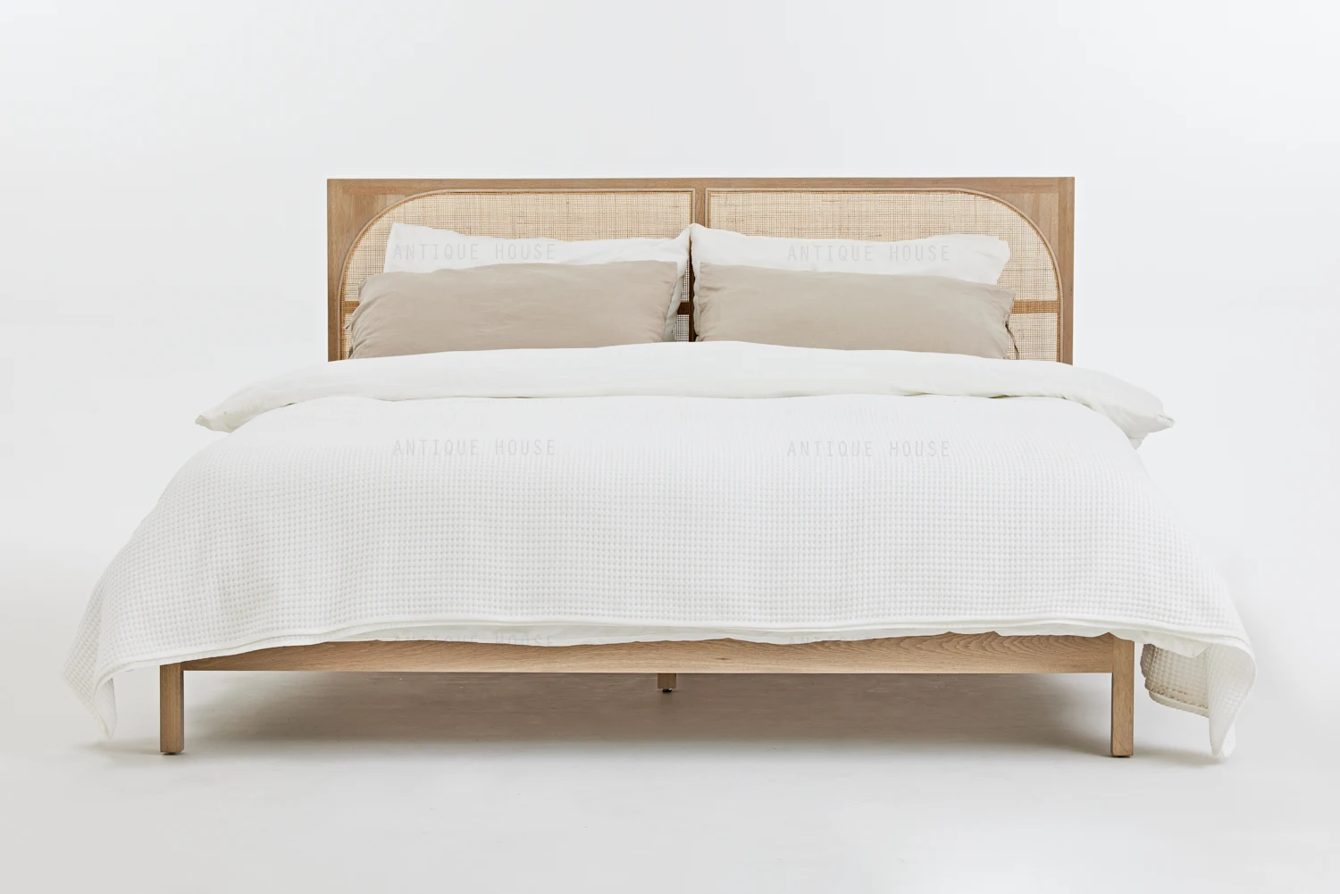 Nordic boho Country Style organic Furniture Modern Minimalist Rattan Bed Handmade of  Reclaimed Oak Eco-friendly Rustic Wood Bed