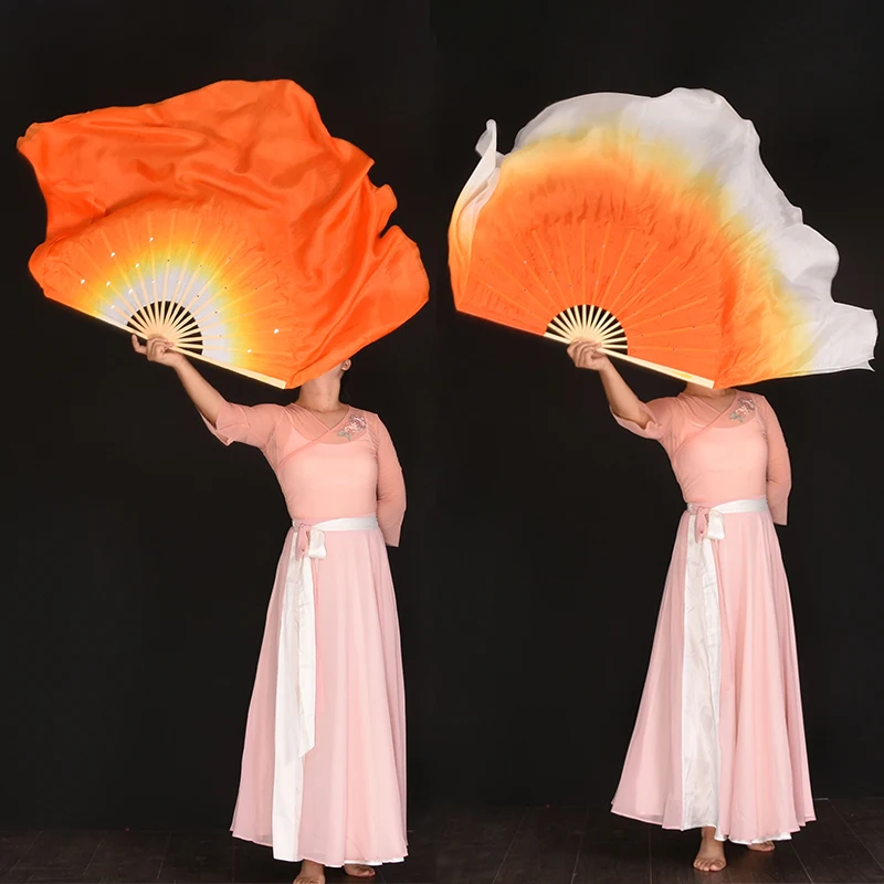 86cm(34 Inch) White Orange Gradient Silk Veils One Pair Big Size Women Classic Bellydance China Folk National Dance Circle Fan