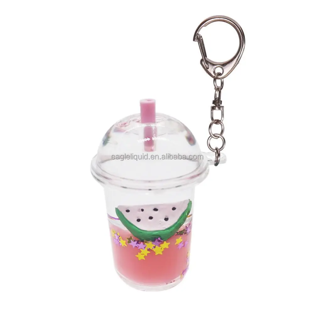 ins summer hot fruit doll drink milk tea into oil keychain quicksand pendant floating bottle wholesale acrylic keychain
