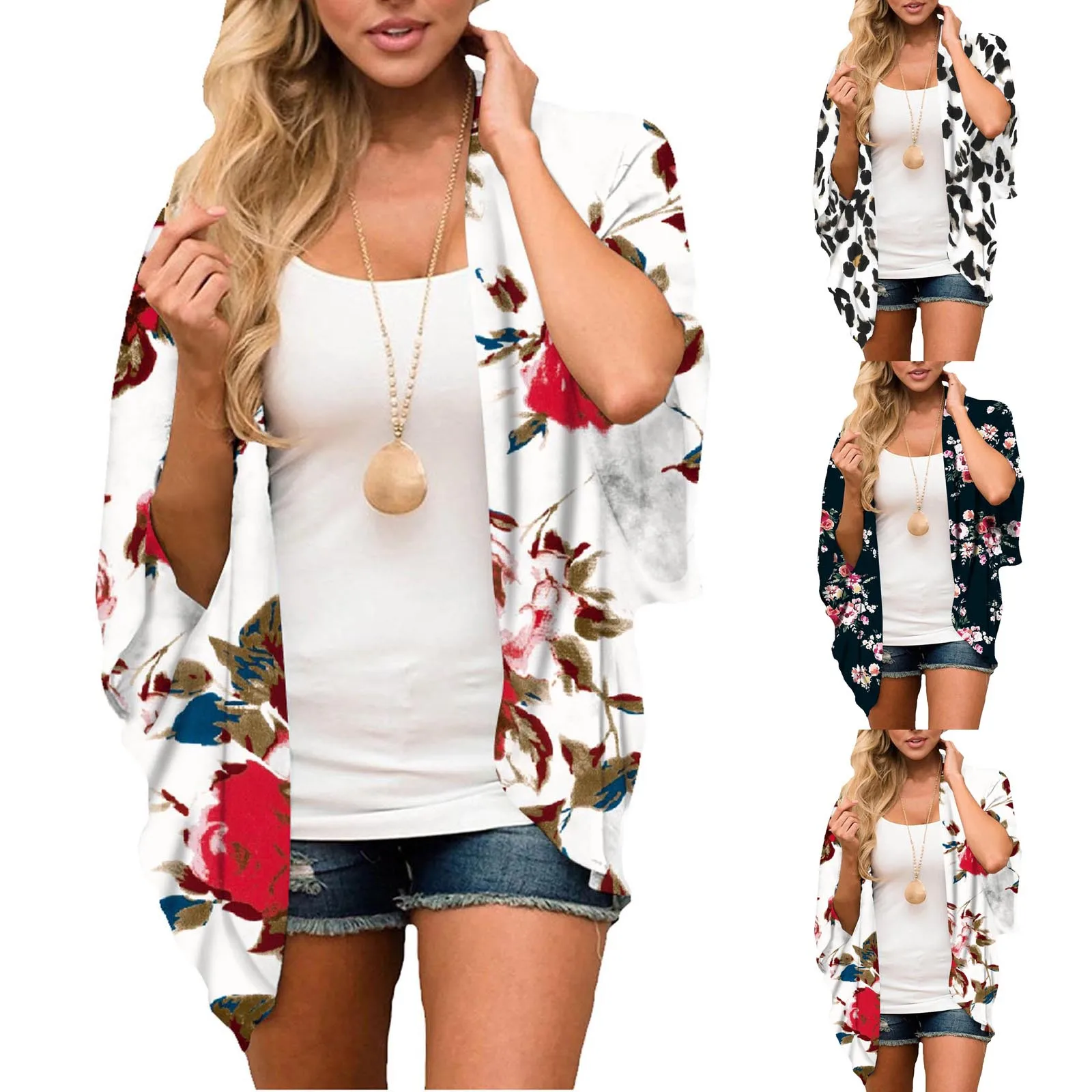 Womens Floral Printed Chiffon Blouse Flowy Kimono Cardigan Casual Loose Plus Size Half Sleeve Sun Protection Tops