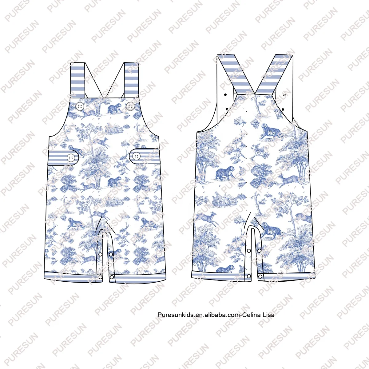 Puresun custom kids clothes animals tiger toile girls smock bishop romper newborn baby girl flutter sleeves bubble rompers