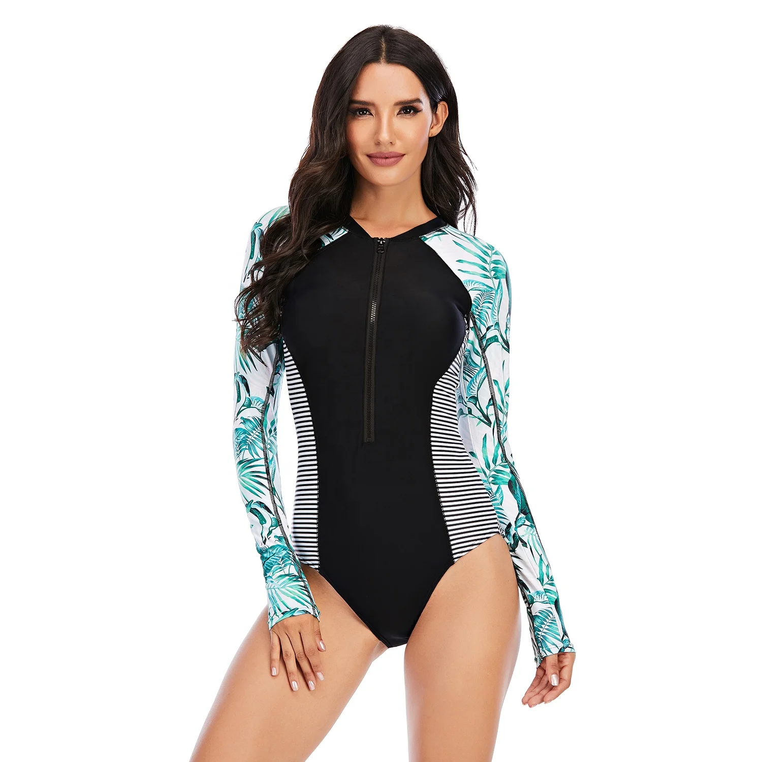 AOSHILI 2022 Print long sleeve one piece swimsuit women front zipper rash guard swimwear black surfing bathing suits wetsuits