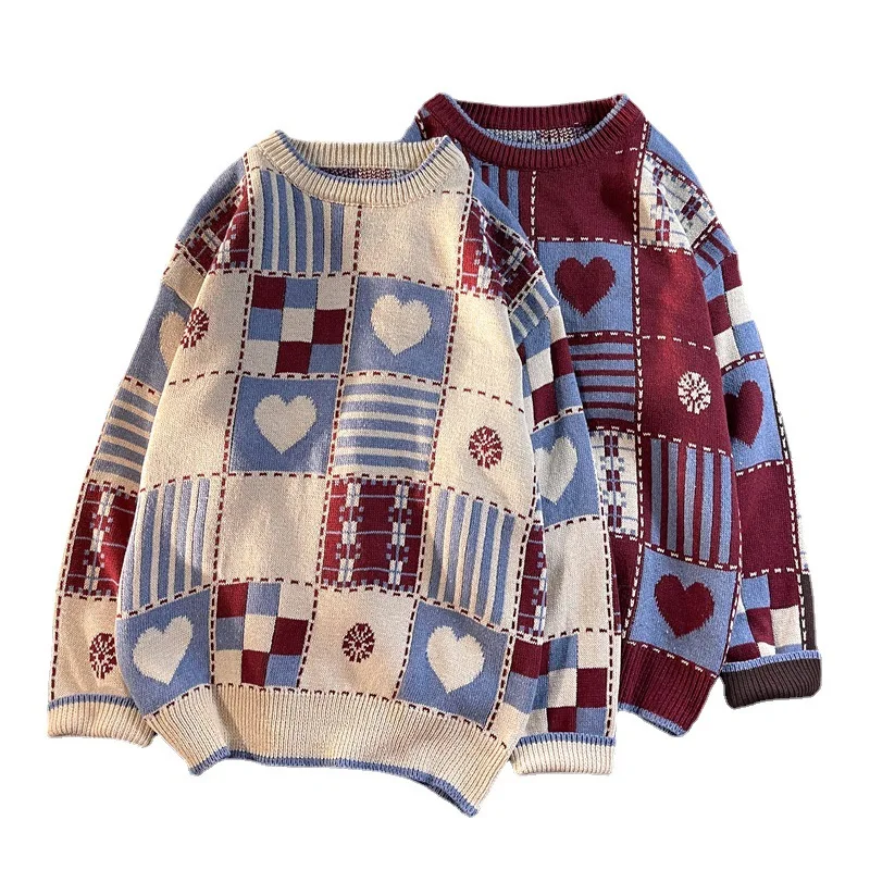 2024 New Fall/Winter Christmas Contrasting Heart Plaid Knit for Couples Mens Knit Sweater