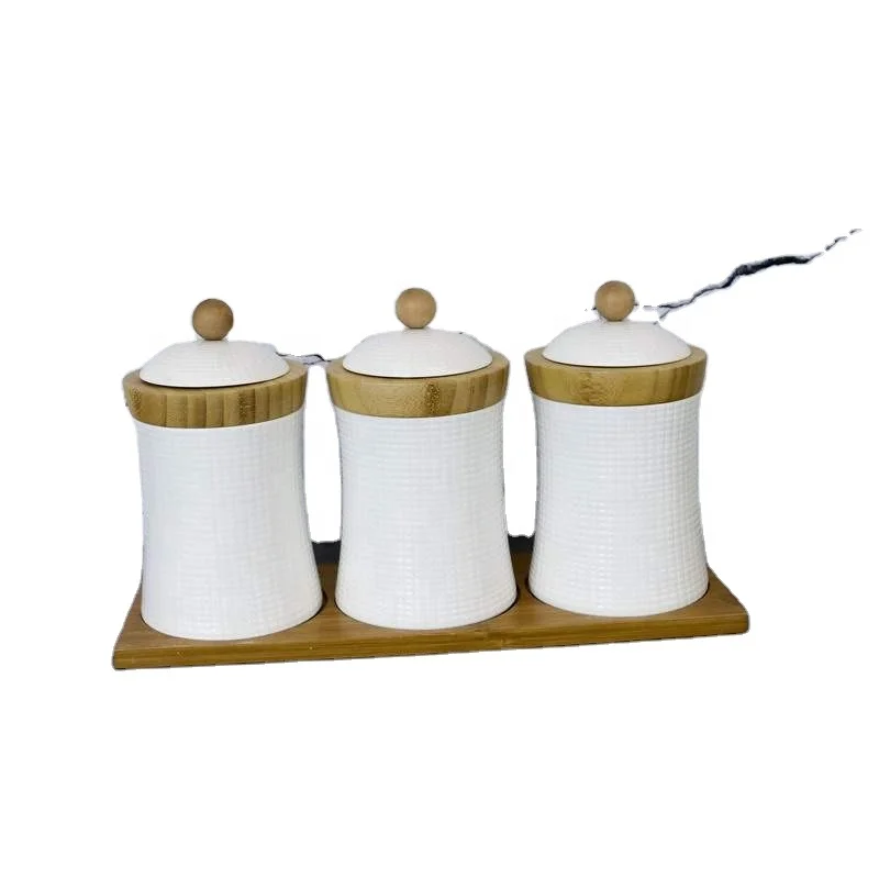 Wholesale Ceramic Condiment Jar Spice Salt Container With Bamboo Lid & Tray Porcelain