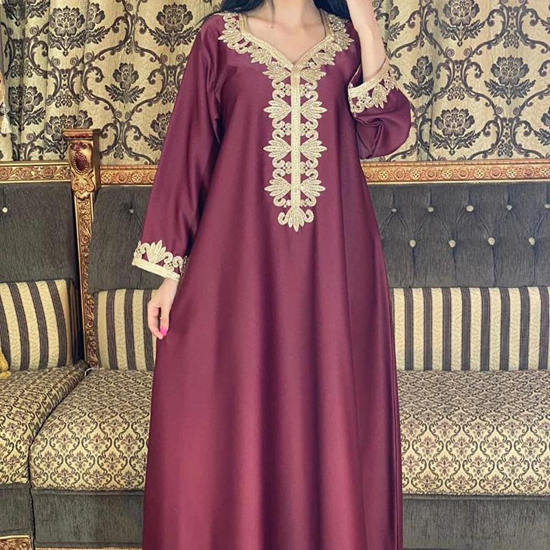 Exporting Dubai Turkish Middle East Style Embroidery Gold Blocking Abaya Dress Lace dress STAB024