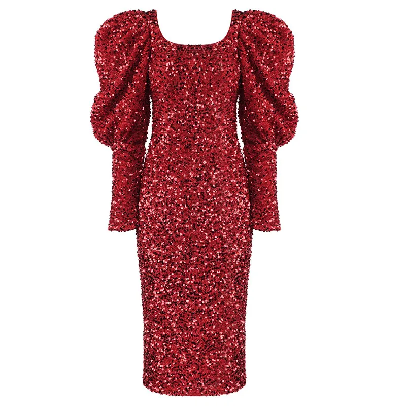 A4577 Elegant Black Red Square Collar Sequin Ladies Puff Sleeve Midi Dress