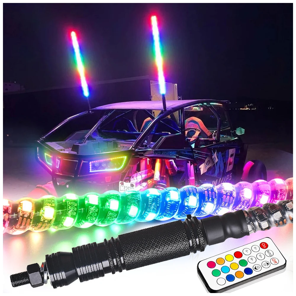100% Waterproof RGBLed Whip Lights Bluetooths And Remoter Spiral Chase Light 3Ft/4Ft/5Ft/6Ft Offroad 360 Dancing Whips