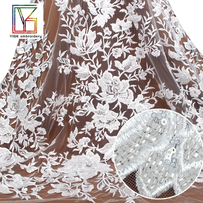 2022 New Luxurious White Floral Embroidery Glitter Crystal Beaded Lace Fabrics for Wedding Dress