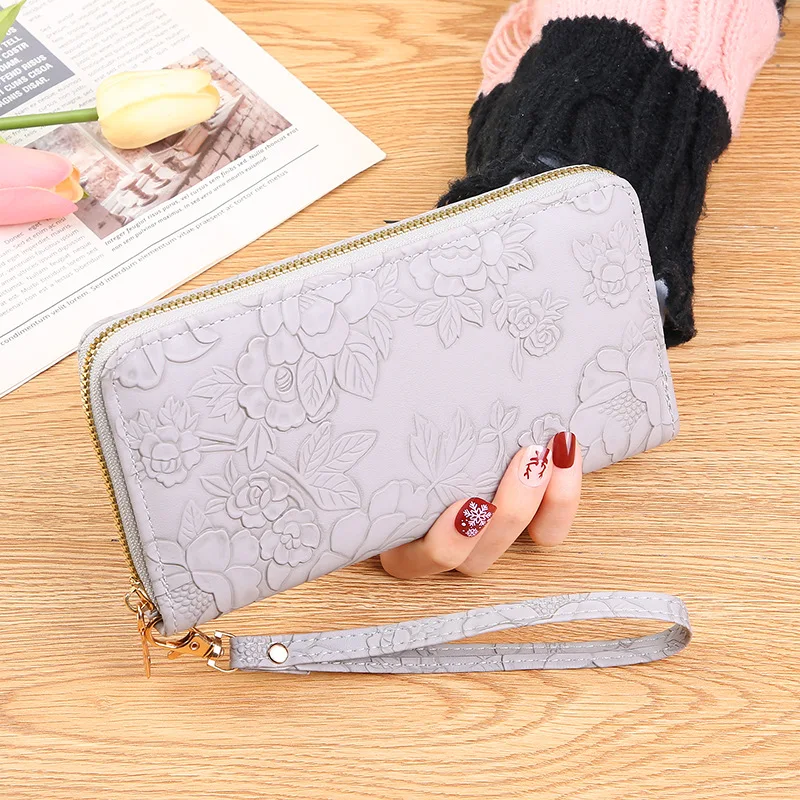 New Ladies Simple Wallet with Long Zipper Clutch Bag Cross-Border Embossed Mobile Phone and Banknote Clip Waterproof