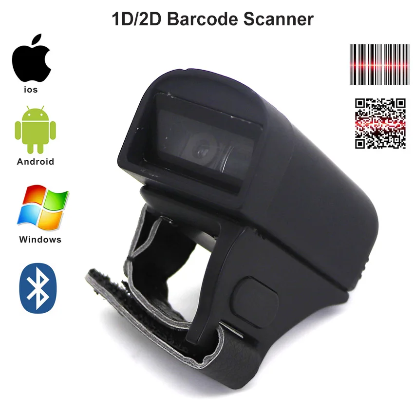 Portable Handheld Blue tooth Wireless Ring Finger Mini 1D Barcode Scanner PDF417 2D QR code Scanner for iPhone/Android/Windows