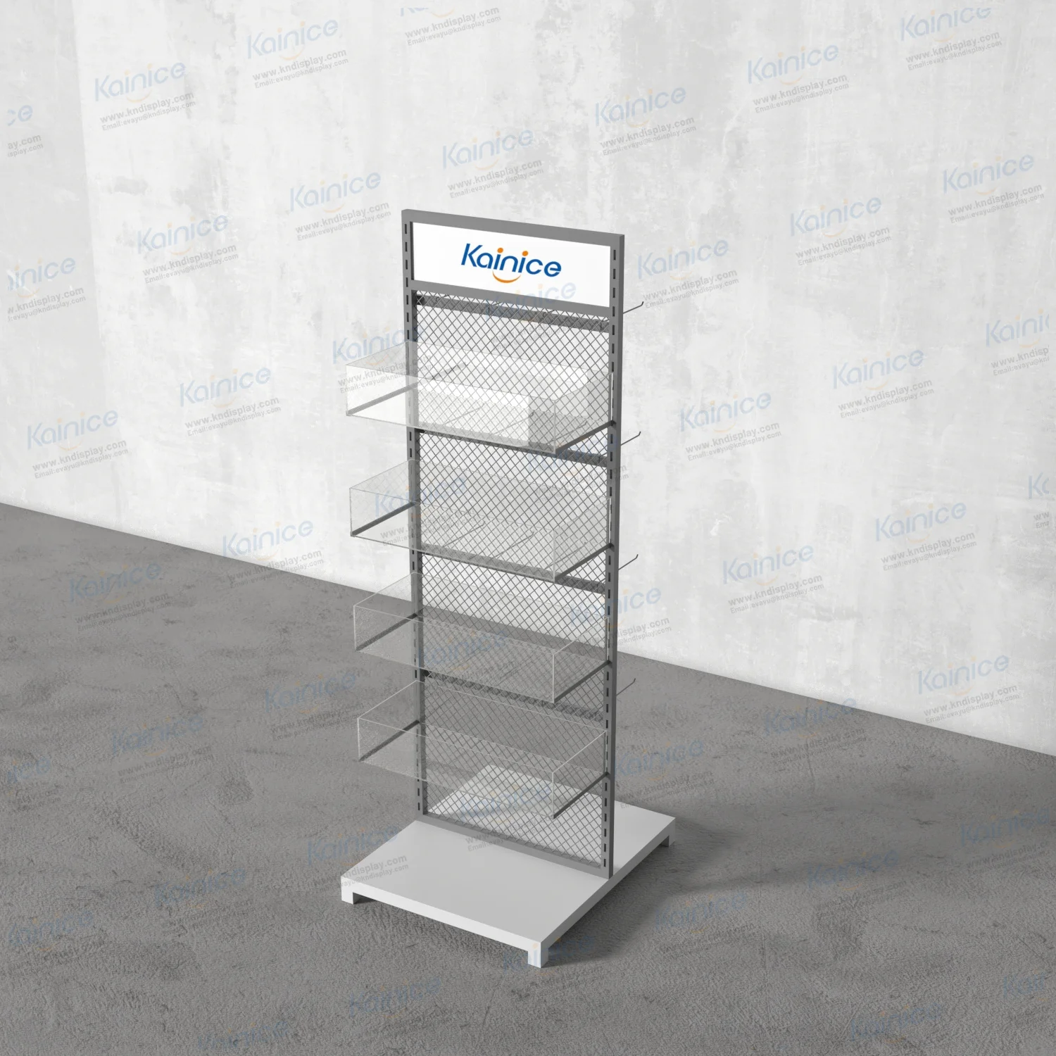 Kainice Floor Wire Mesh Display Net Rack Hook Hanging Grid Floor Stand Retail Shop Metallic Display Racks Product Display Stand