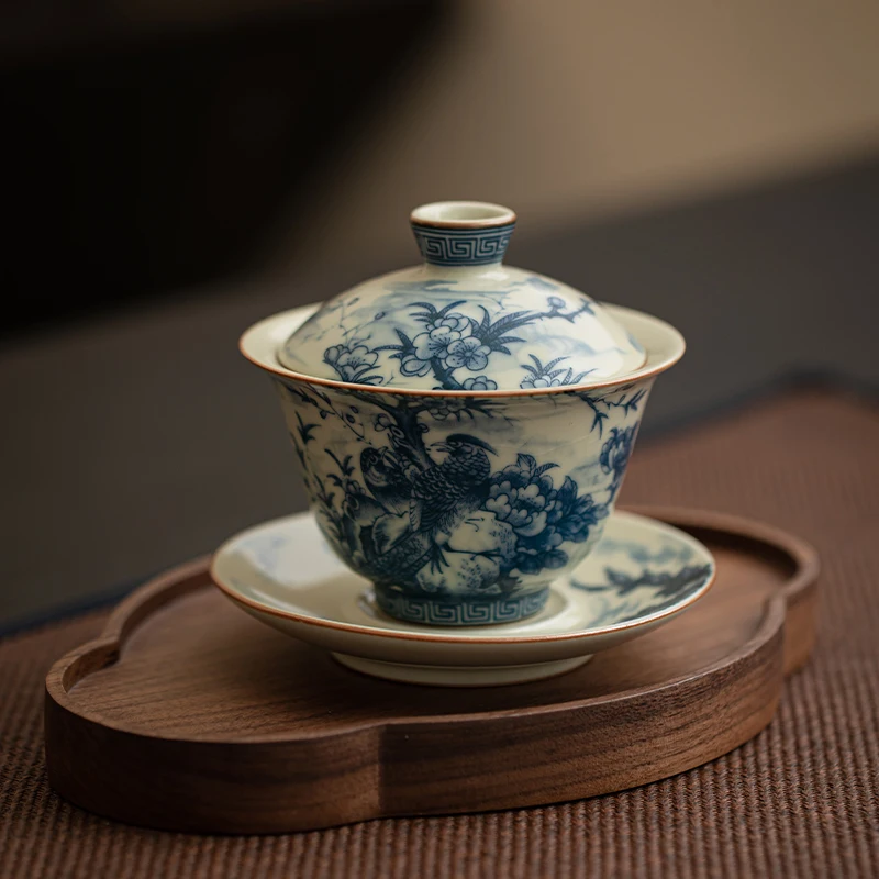 Ancient Ru Kiln Series Ceramic Tea Bowl Chinese Style Gold Wire-Wrapped Three-piece Wing Open Can Gift Box Tea Cups Saucers