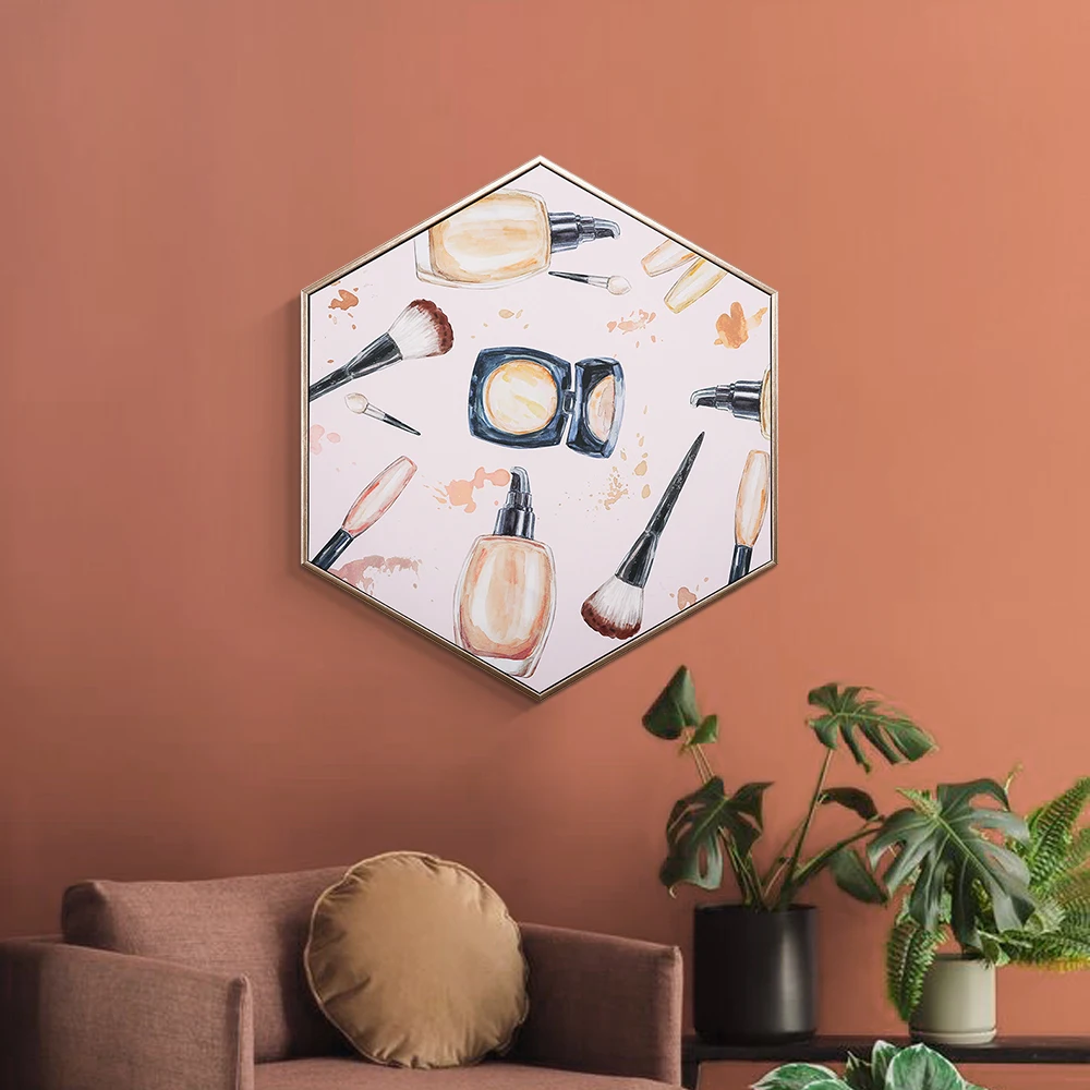 Make up brushes perfume bottle lipstick hexagonal canvas art wall frame decor pictures for living room wall decoration