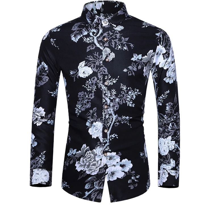 2021New Arrival Autumn Men Dress Shirts Fashion Chinese Style Floral Long Sleeve Shirt
