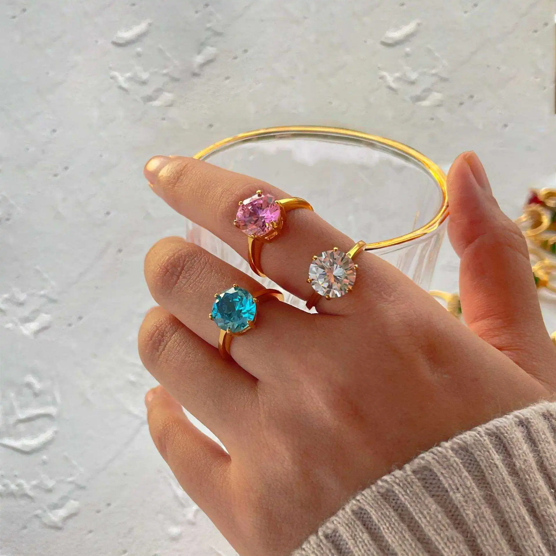 Круглое розовое циркониевое кольцо из нержавеющей стали 18k Pvd золотое Ювелирное женские модные аксессуары