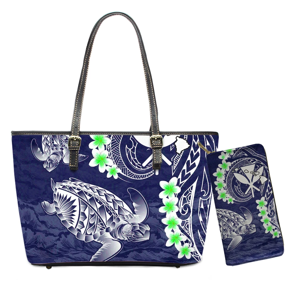 
Trendy Sea Turtl Tribal Design Printing Polynesain Floral Womans Hand Bags Set Large Capacity Purses Matching Long Wallets 2Pcs 