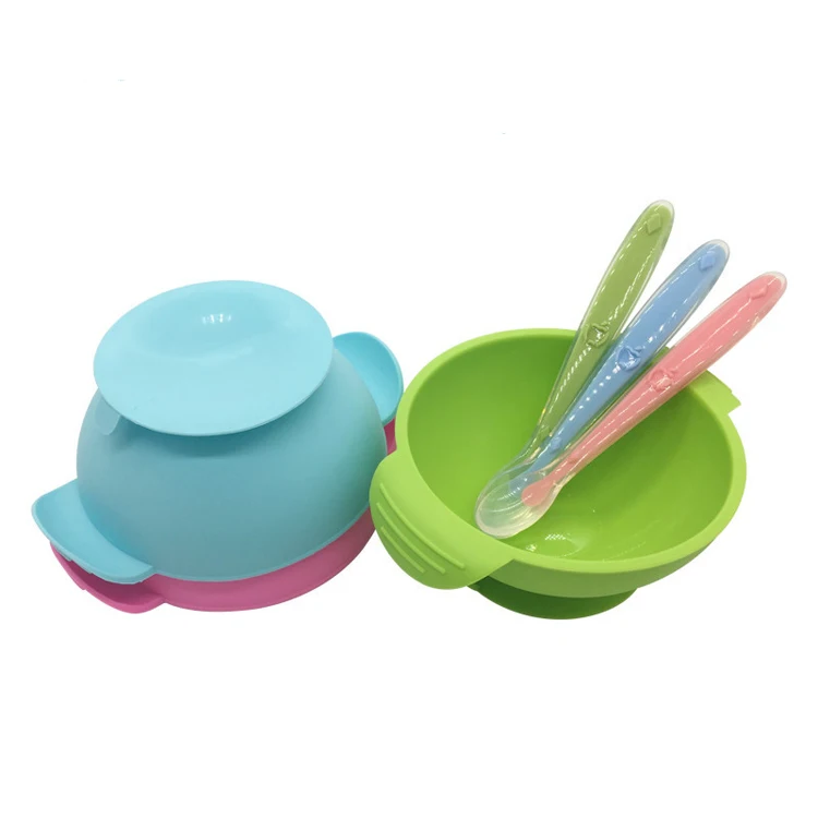 Baby Plate Set Food Grade Soft Baby Suction Bowl and Spoon Silicone Baby Feeding Set Custom Logo BPA Free Silicon Support