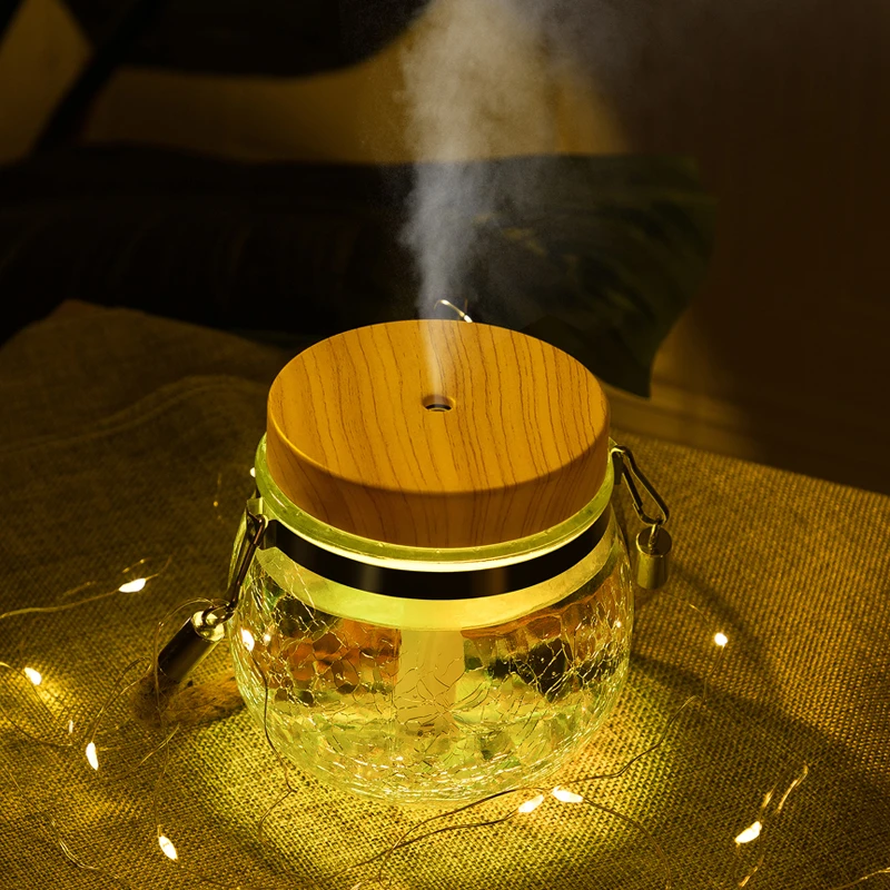 2022 New design 400ML wood grain USB humidifiers portable desk spray mist humidifier glass ice Nebulizer Essential Oil Diffuser