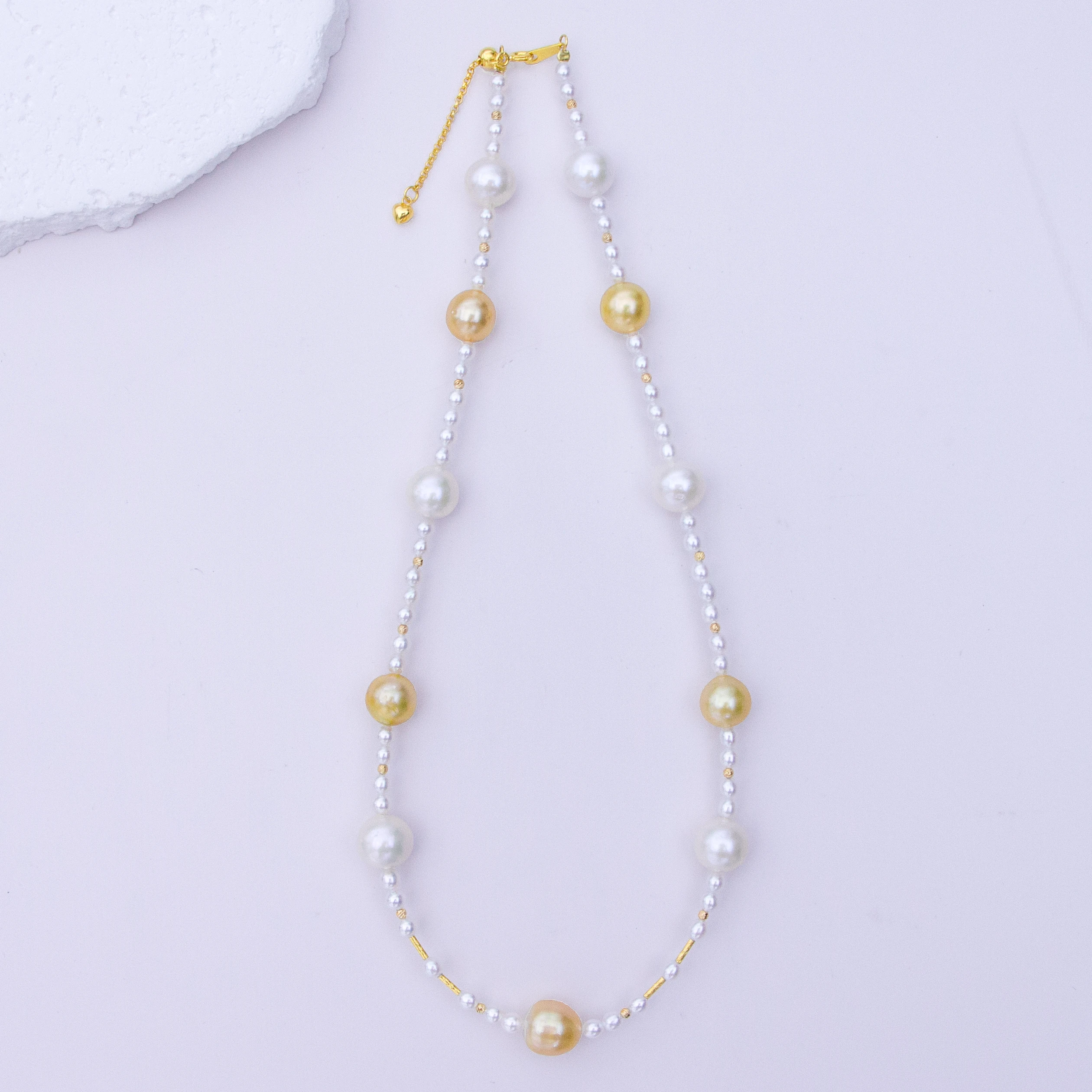 S925 Silver Accessories Sea South Sea Gold Beads/Freshwater White Core Pearl Necklace 3-4mm/9-11mm Near Round Flaws