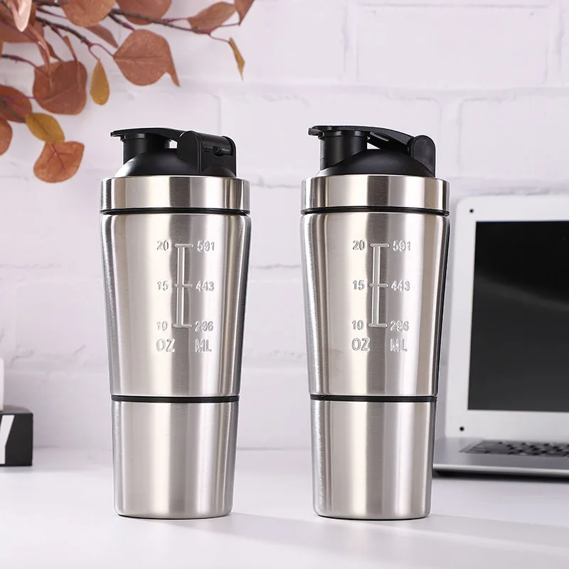 Factory Direct Supply 600+200 ML Bottle Shaker Custom Logo Printing Stainless Steel Double Wall Protein Vacuum Shake