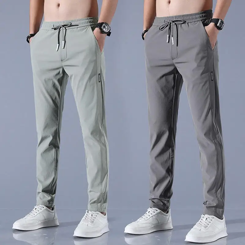 Men Fast Dry Stretch Pants Ice Silk Trousers Solid Color Mid-waist Loose Breathable Straight-leg Casual Pants Thin Sports Pants
