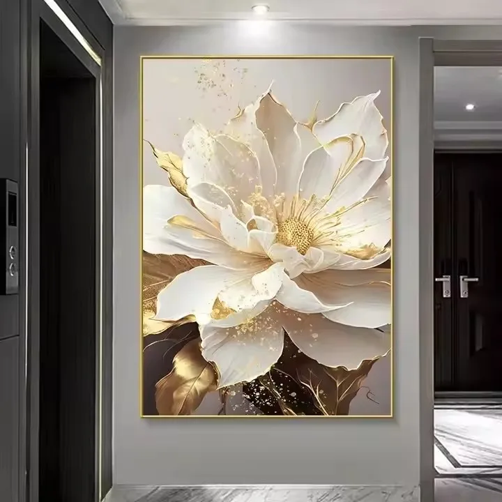 Abstract Gold Leaf White Flowers Modern Canvas Decorative Posters Canvas Wall Art Picture Printing Living Room Home Decor