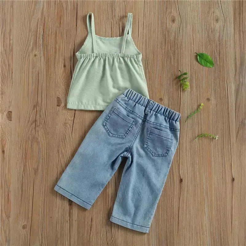 
1-6Y Summer Lovely Kids Girls Clothes Sets 2pcs Sling Bowknot Cropped Shirts With Pearls Blue Denim Pants 