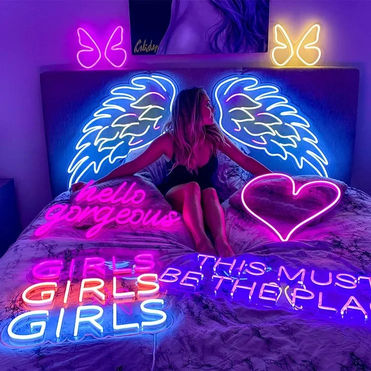 Matt dropshipping custom popular big angel wings neon led light Hello beautiful neon sign for party event decoration