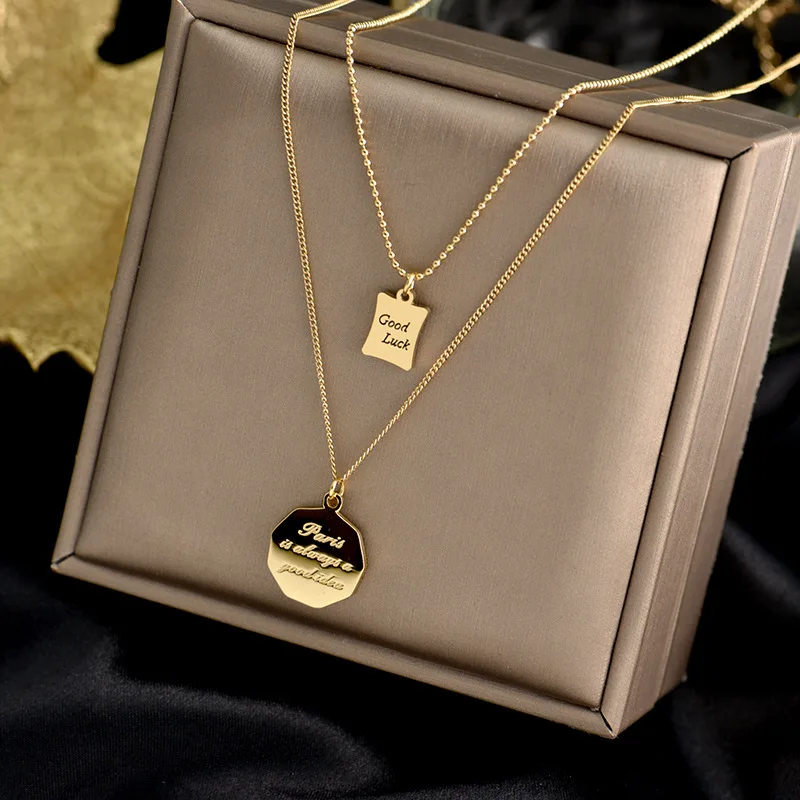 Custom Double Layer Necklace Classic Titanium Steel Pendant Necklace Gold Coin Fashion Necklace for Women Unisex