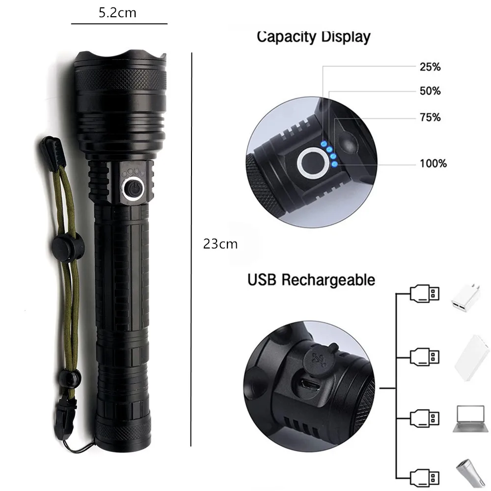 Factory Wholesale  XHP70 Camping Hiking  Torch Super Bright Power Rechargeable Tactical Flashlight LED
