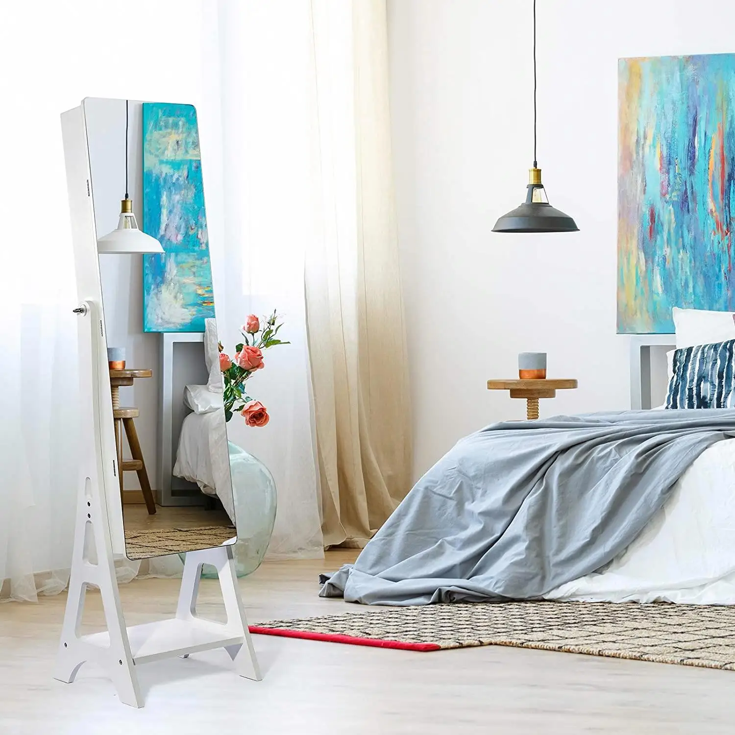 LED Jewelry Standingr Household Mirrored  Furniture White Vertical Jewelry Cabinet