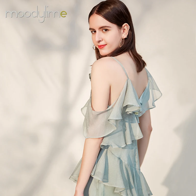 
Summer flouncing off-the-shoulder long classy dress asymmetrical ruffled chiffon medium length dress for women 