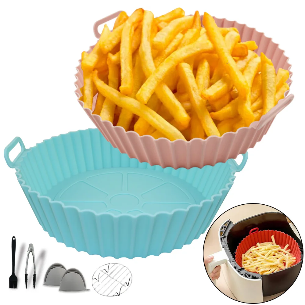 2pcs Pack Reusable Colorful Durable Round Adjustable Collapsile 8 inch Silicone Air Fryer Pot Liners For Air Fryer