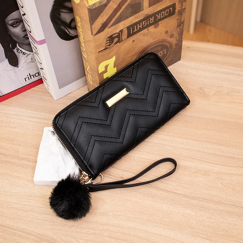 Wholesale luxury multi-card slot wallet PU leather long zipper embroidery thread large-capacity designer wallets for women