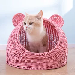 Wholesale Cute Pet Product Cages Houses Summer Washable Eco Friendly PE Rattan Cat Houses Bed