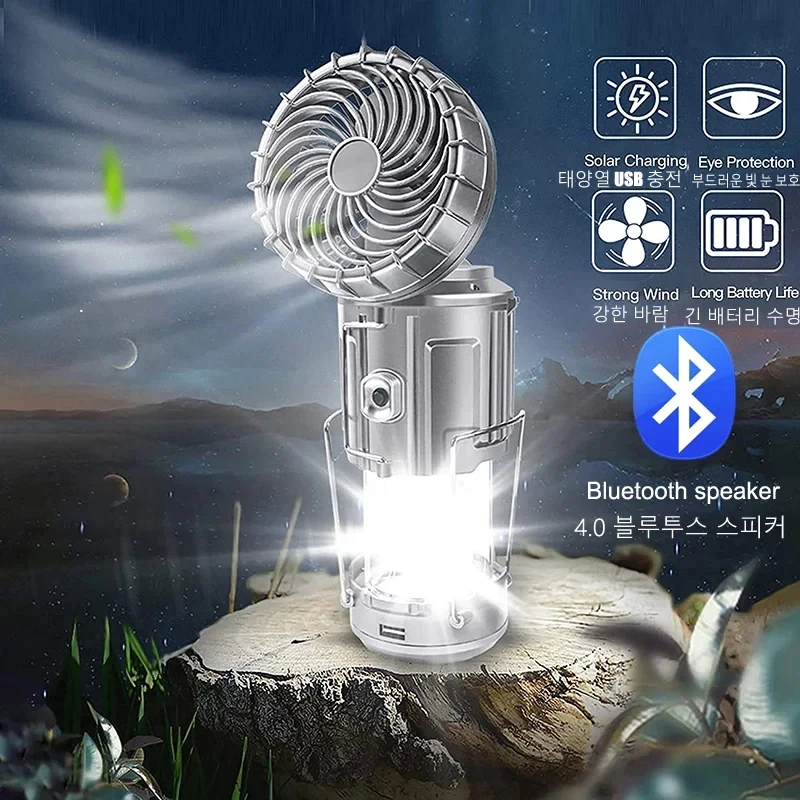 BT Speaker LED Camping Lantern Solar USB Rechargeable Portable Light With Fan And Flashlight With Power Bank